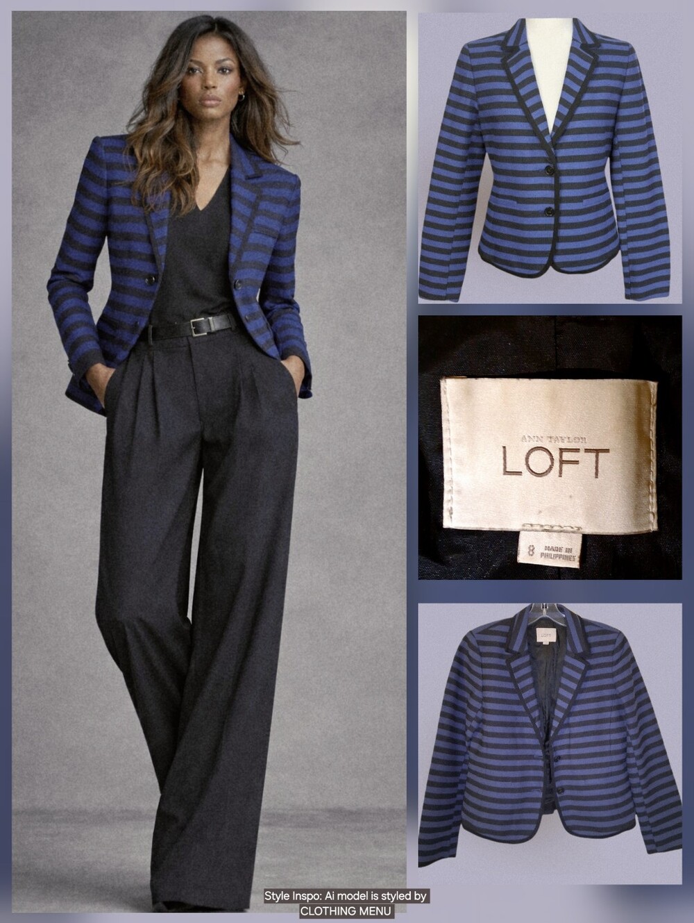 ANN TAYLOR LOFT Blue and Black Striped Tailored Blazer Jacket Women Size 8